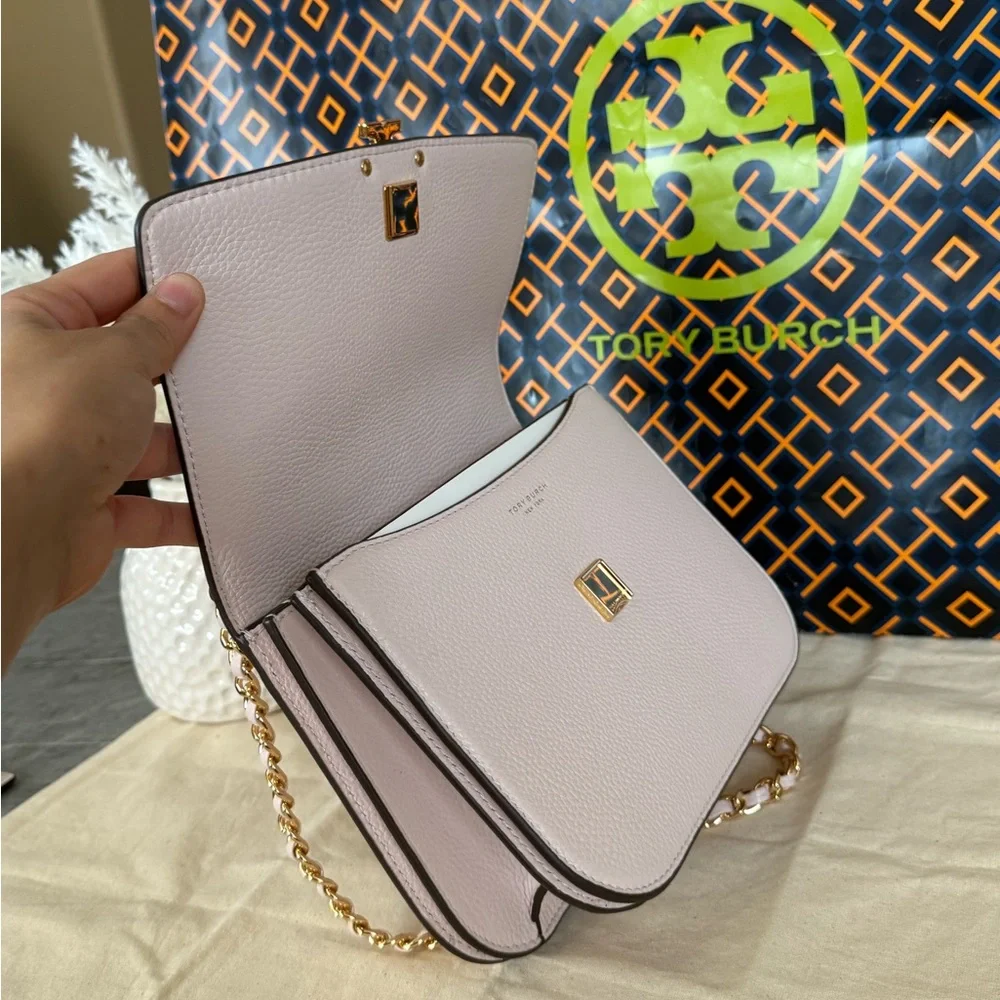 Tory Burch Britten Small Adjustable Shoulder Bag Light Pink with Gold Chain